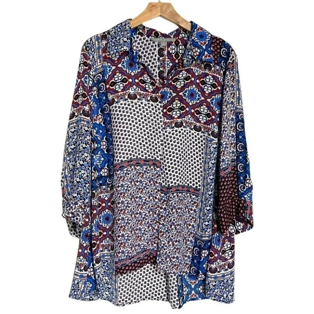 Valerie Stevens‎ 1X blue red white floral patchwork collared blouse